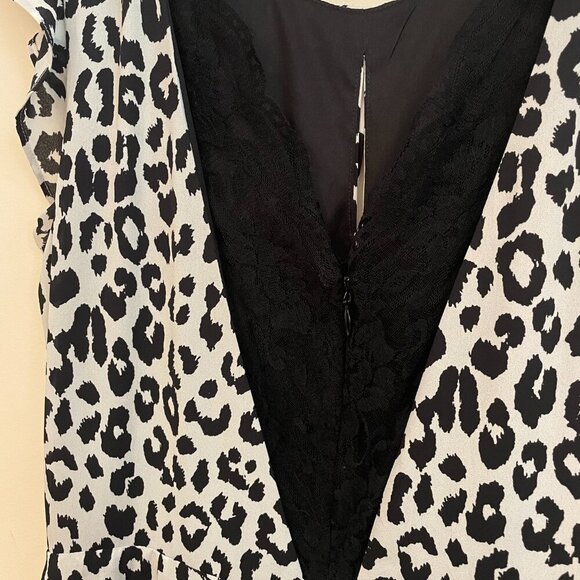 Leopard Cheetah Print Ruffle Short Sleeve Lace Open Back Dress Black White M - Picture 4 of 4